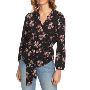 NWT 1.State Heritage Bloom Black Multi-Color Floral Print Wrap Tie Blouse Small